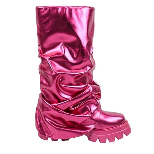DETOGNI Women's Metallic Mid-Calf Pull-On Chunky Platform Booties