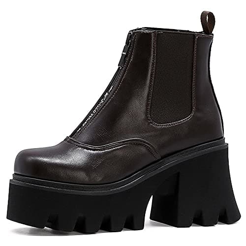 Mikarka Zipper Studded Goth Platform Combat Ankle Boots for Women Mid Chunky Block Heel Motorcyclist Boots