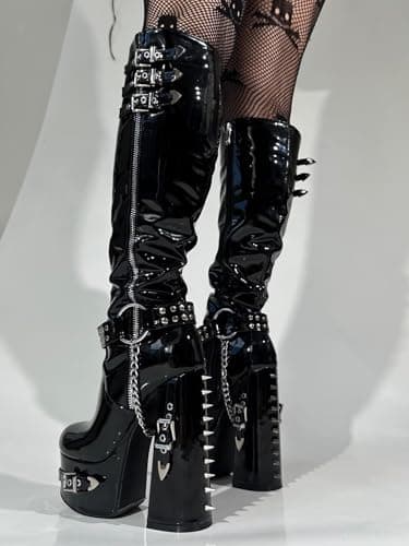 Frankie Hsu Gothic Chunky Platform Boots, Black Patent Silver Chain Buckles
