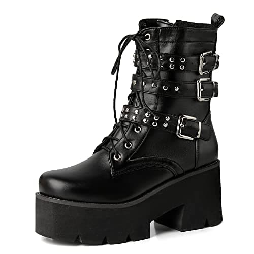 YIYA Women's Black Gothic Platform Ankle Boots with Bat Wing Buckles