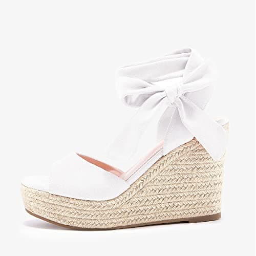 Fashare Women's Open Toe Wedge Heels Sandals with Tie Lace-Up Ankle Strap