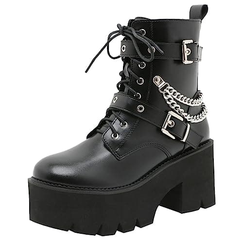 Goth Women's Platform Ankle Boots with Chunky High Heel and Lace Up Detail