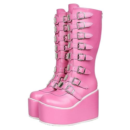 Parisuit Women's Gothic Knee High Lace-Up Buckle Boots Chunky Heel
