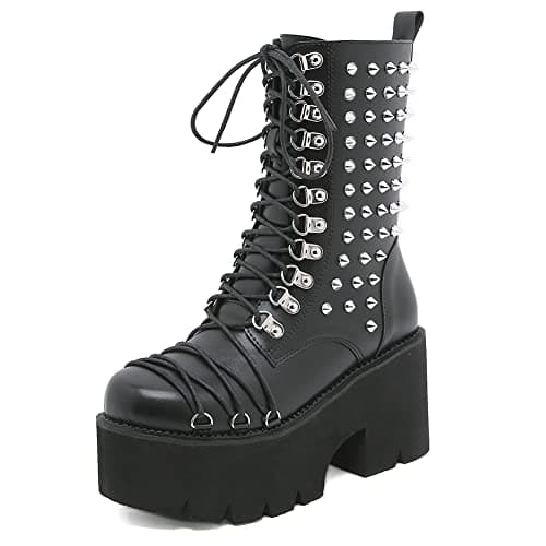 Mikarka Women's Black Chunky Heel Combat Booties