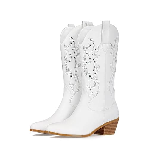 Ouepiano Women's Western Cowgirl Embroidered Boots, Mid Calf Pointed Toe Chunky Heel Pull-On Boots for Ladies