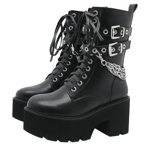Goth Women's Platform Ankle Boots with Chunky High Heel and Lace Up Detail