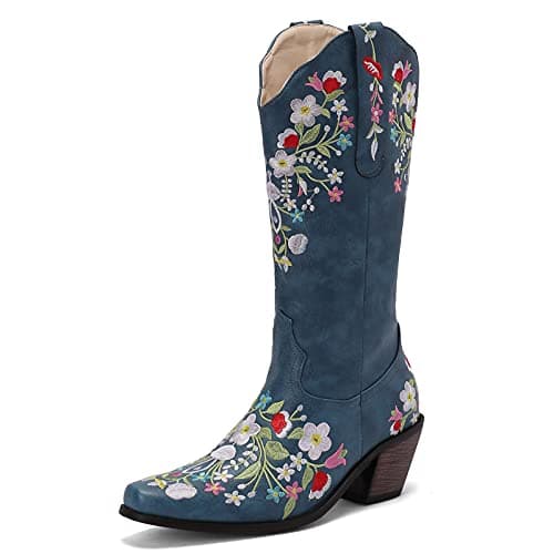 Erocalli Women's Western Mid Heel Embroidered Claf Boot