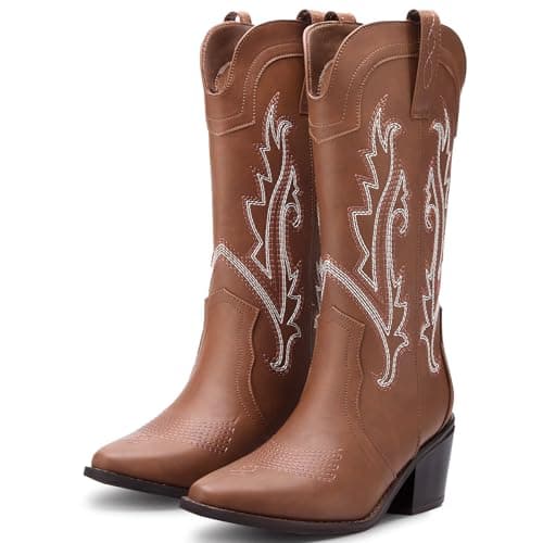 Solestique Women's Cowboy Boots: Embroidered Mid-Calf Heeled Cowgirl Style