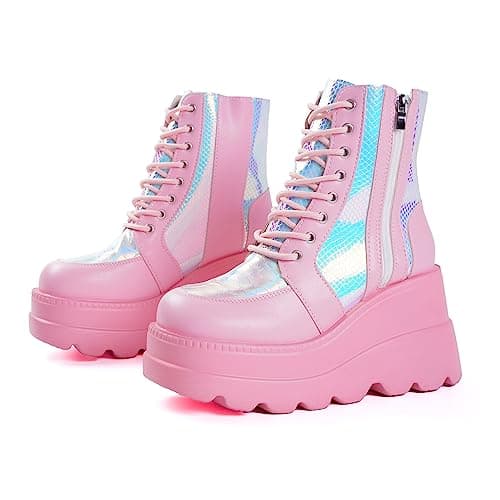 Gothniero Women's Black Holographic Combat Ankle Boots with Chunky Heel and Side Zip (US 5.5-11)