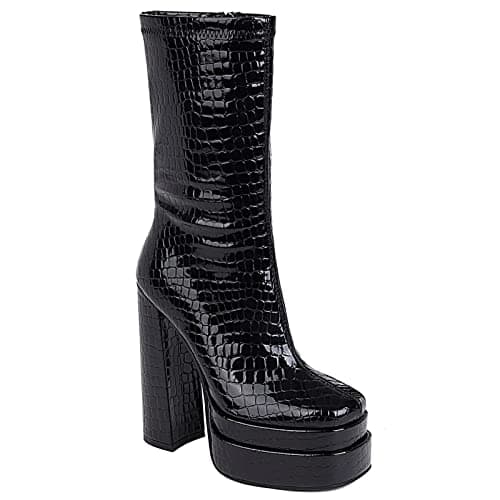 VOMIRA Women's Black Platform Zip Go Go Boots with Square Toe Heel