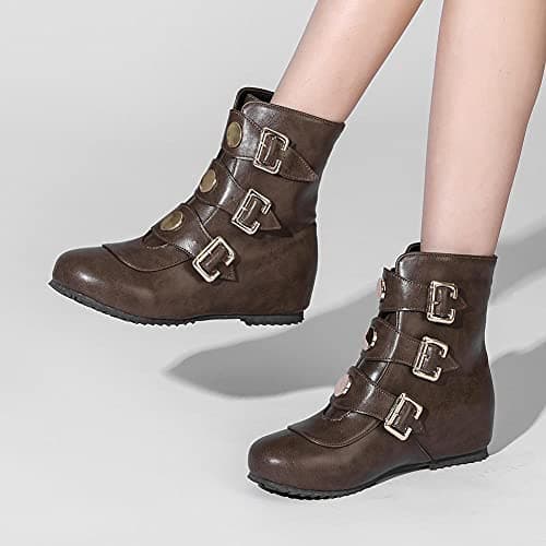 Mikarka Hidden Wedge Heel Ankle Boots for Women Slip On Buckle Straps with Studded Combat Motorcycle Riding Mid Calf Boots Trendy Comfortable Cold Weather Women's Boots