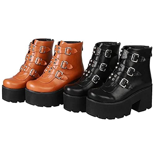 Gothic Zipper Studded Ankle Boots for Women, Chunky Heel Platform Booties