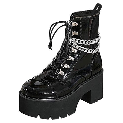 Goth Women's Platform Ankle Boots with Chunky High Heel and Lace Up Detail