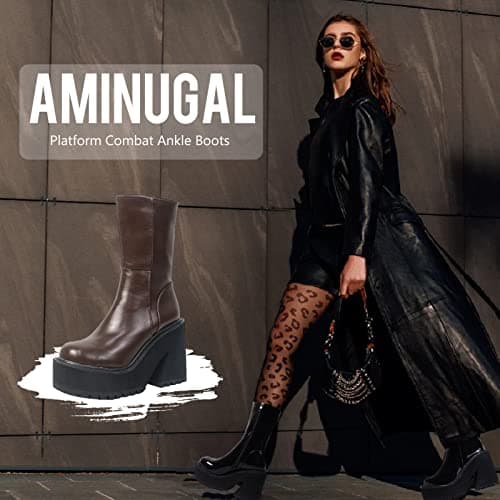 Aminugal Women's Chunky Heel Punk Motorcycle Boots Mid Calf Zippered
