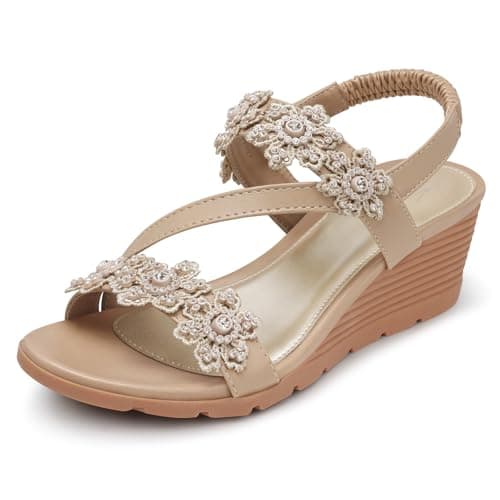 SHIBEVER Women's Comfortable Floral Open Toe Wedge Sandals