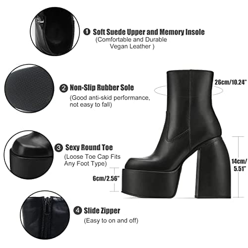 Women's Chunky High Heel Ankle Boots - Pu Leather Square Toe Zipper Platform Boots