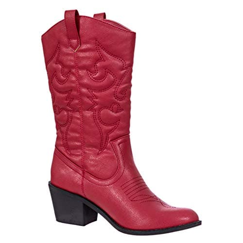 Charlies Albert Women's Mid-Calf Embroidered Cowboy Boots Low Stacked Heel Western