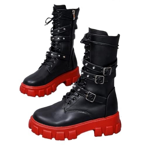 UOQAPRE Women's High Heel Combat Boots Square Toe Lace-Up Ankle Booties