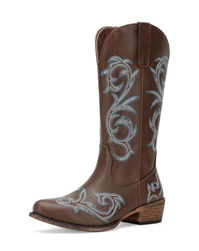 Jeossy 9808 Women's Wide Calf Mid-Calf Cowgirl Boots with Low Heel