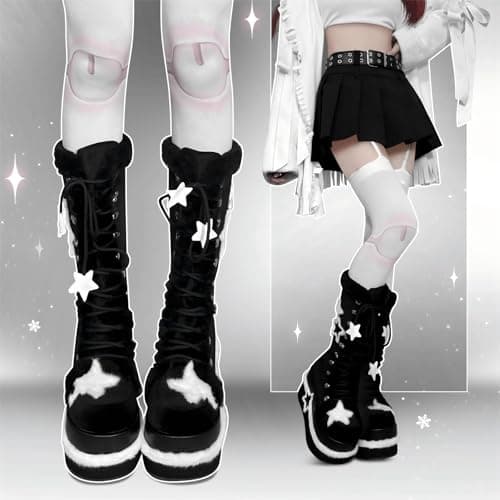 GURURU Warm Fur Punk Goth Mid Calf Boot with Star Heel