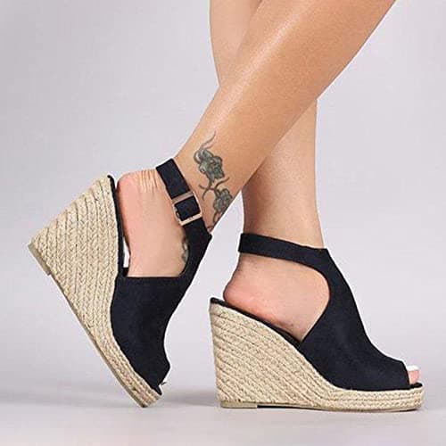 Women's Yiaor Summer Wedge Espadrille Sandals Open Toe Ankle Strap (Black, 8)