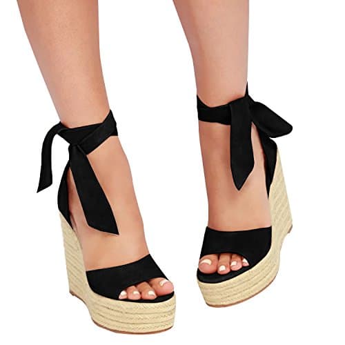 Fashare Women's Open Toe Wedge Heels Sandals with Tie Lace-Up Ankle Strap