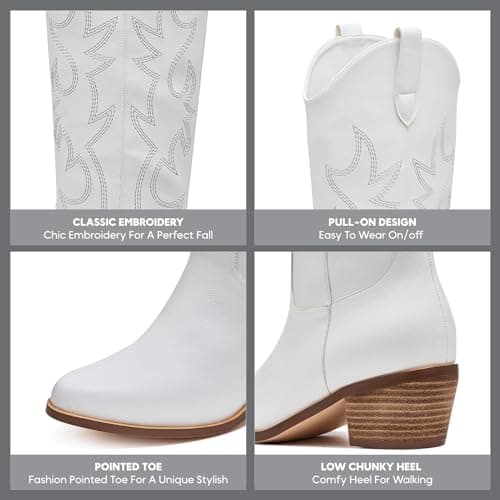 Women's Knee-High Western Cowgirl Cowboy Boots with Side Zipper and Embroidery