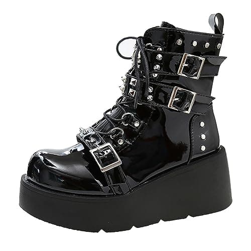 UOQAPRE Women's High Heel Combat Boots Square Toe Lace-Up Ankle Booties