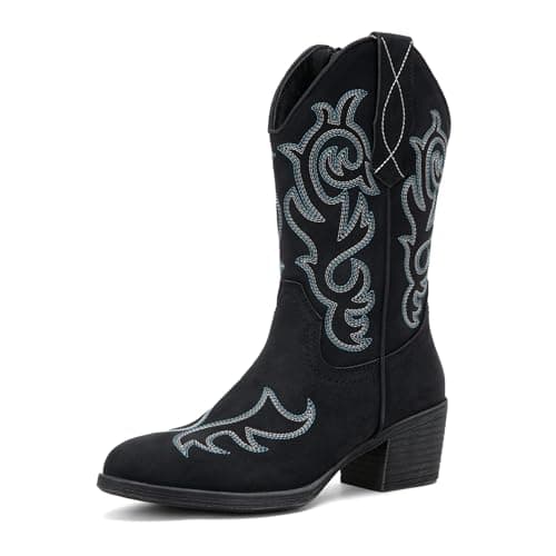 Vepose Women's Cowboy Mid Calf Embroidered Boot with Zipper