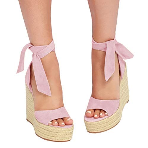 Fashare Women's Open Toe Wedge Heels Sandals with Tie Lace-Up Ankle Strap