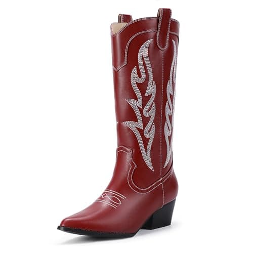 IDIFU IN2 Women's Cowboy and Cowgirl Boots with Embroidery - Mid Calf, Chunky Low Heel, Pointed Toe, Perfect for Fashion and Weddings