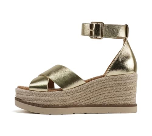 Fabian Women's Square Toe Platform Espadrille Wedge Sandals with Adjustable Ankle Strap