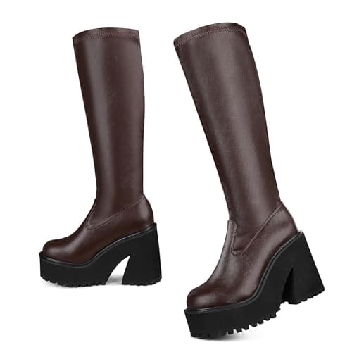 AMINUGAL Women's Knee-High Chunky Heel Zipper Boots