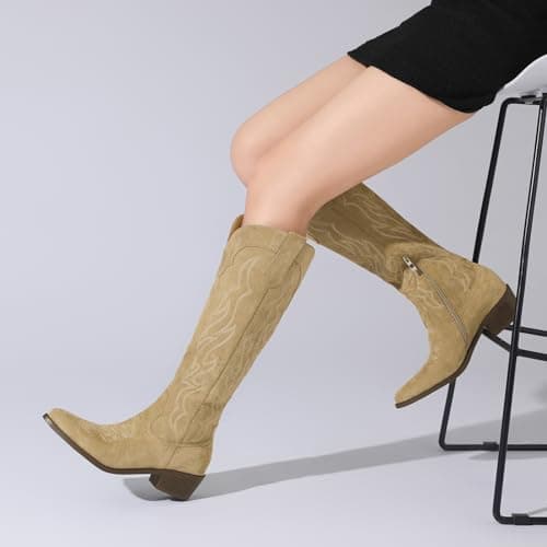 Eurouram Women's Knee High Cowboy Boots - Embroidered Pointed Toe, Wide Calf Heel