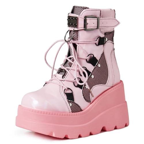 Tscoyuki Chunky Heel Booties for Women Round Toe Gothic Lace-Up Booties