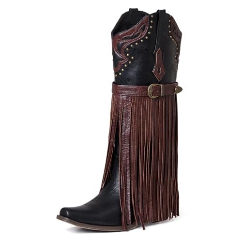 SaraIris Women's Fashion Pointed Toechunky Heel Embroidered Fringe Mid Calf Booties