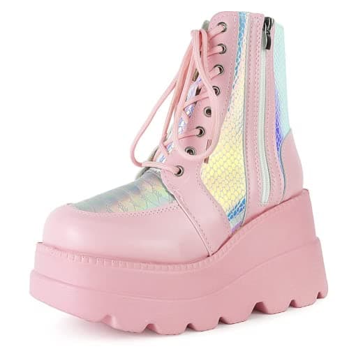 UOQAPRE Women's High Heel Combat Boots Square Toe Lace-Up Ankle Booties