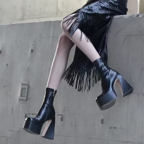 Women's Chunky High Heel Platform Boots with Side Zipper