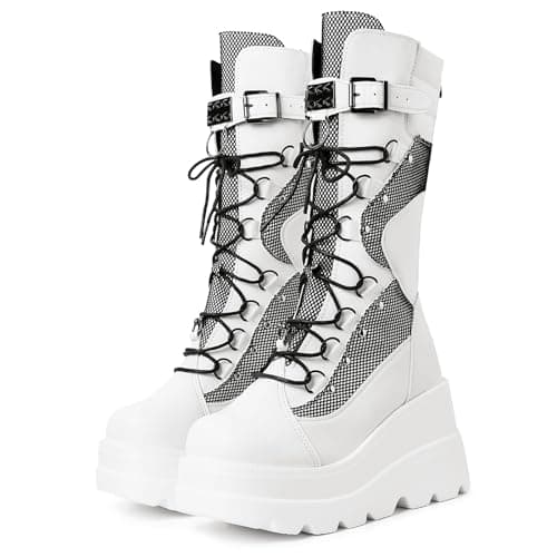 Mikarka Womens Holographic Combat Boot Wedge Heel Knee High Studded