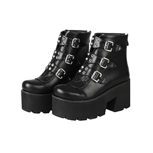 YIYA Women's Black Gothic Platform Ankle Boots with Bat Wing Buckles