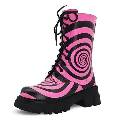 RKQ Women's Zebra Combat Boots - Chunky Heel & Lace-Up Mid-Calf Lug Sole