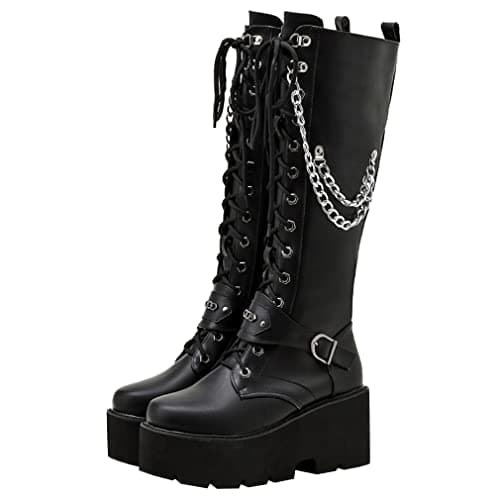 Parisuit Women's Gothic Knee High Lace-Up Buckle Boots Chunky Heel