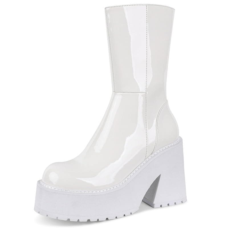 AMINUGAL Women's Chunky Wedge Heel Ankle Boots with Zipper - Fashionable Mid Calf Combat Booties