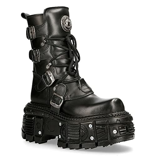 New Rock Black Leather Unisex Combat Platform Biker Goth Shoes Tank373-S1
