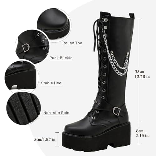 Parisuit Women's Gothic Knee High Lace-Up Buckle Boots Chunky Heel