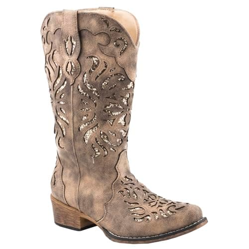 Roper Womens Riley Glitter Inlay Snip Toe Casual Boots - Mid Calf, Off-White