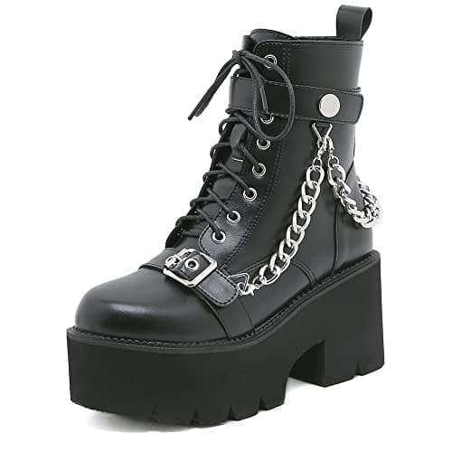 Mikarka Women's Black Chunky Heel Combat Booties