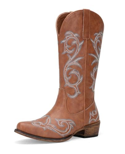 Jeossy 9808 Women's Wide Calf Mid-Calf Cowgirl Boots with Low Heel