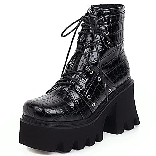 Mikarka Zipper Studded Goth Platform Combat Ankle Boots for Women Mid Chunky Block Heel Motorcyclist Boots