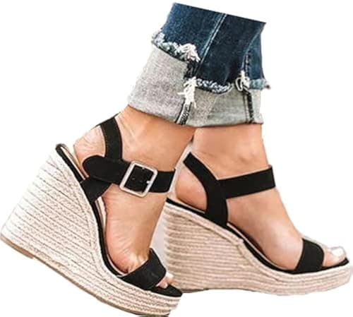 SUMOJIU Women's Open Toe Wedge Sandals, Ankle Strap Summer Casual Straw Woven